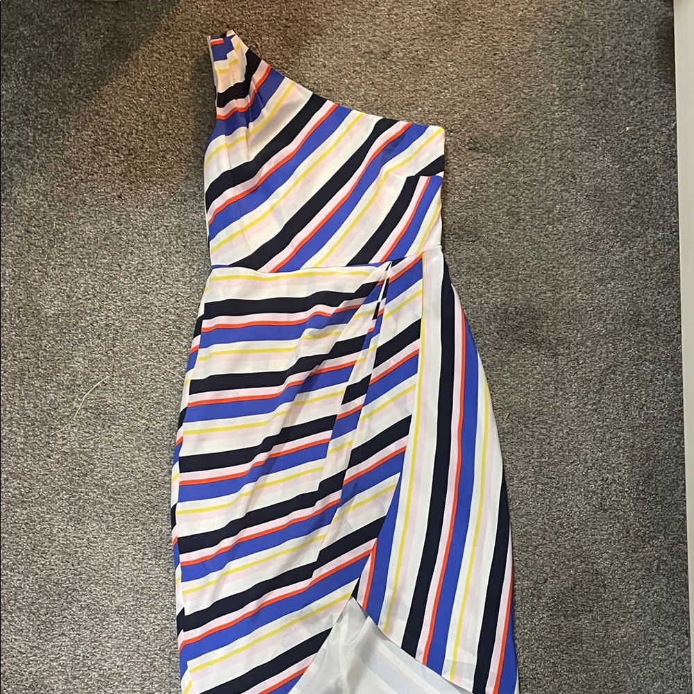 NWT J. Crew One-Shoulder Striped Midi Dress in White, Navy, Blue, Yellow, Coral